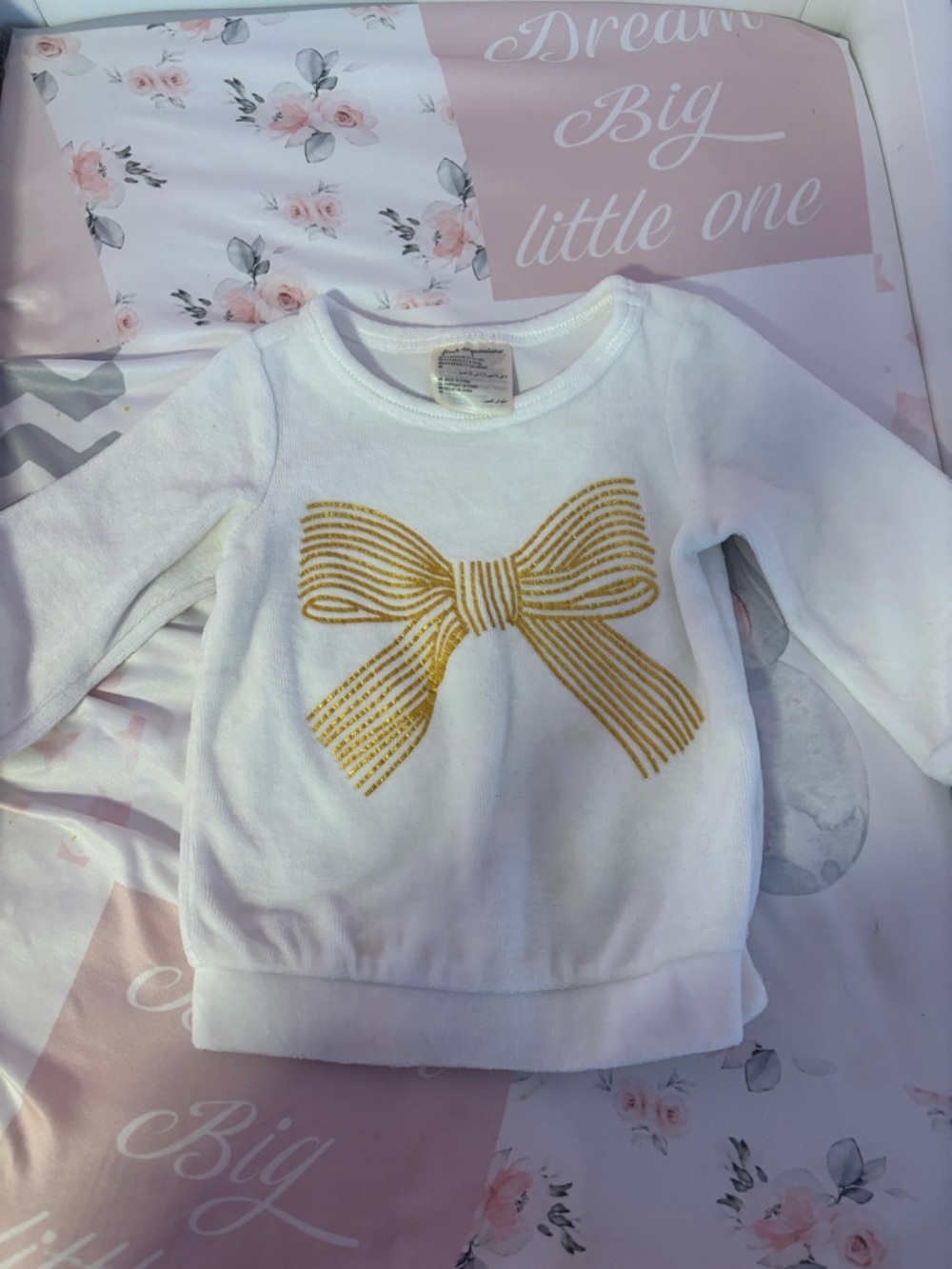First Impressions White Sweatshirt with Gold Bow Graphic